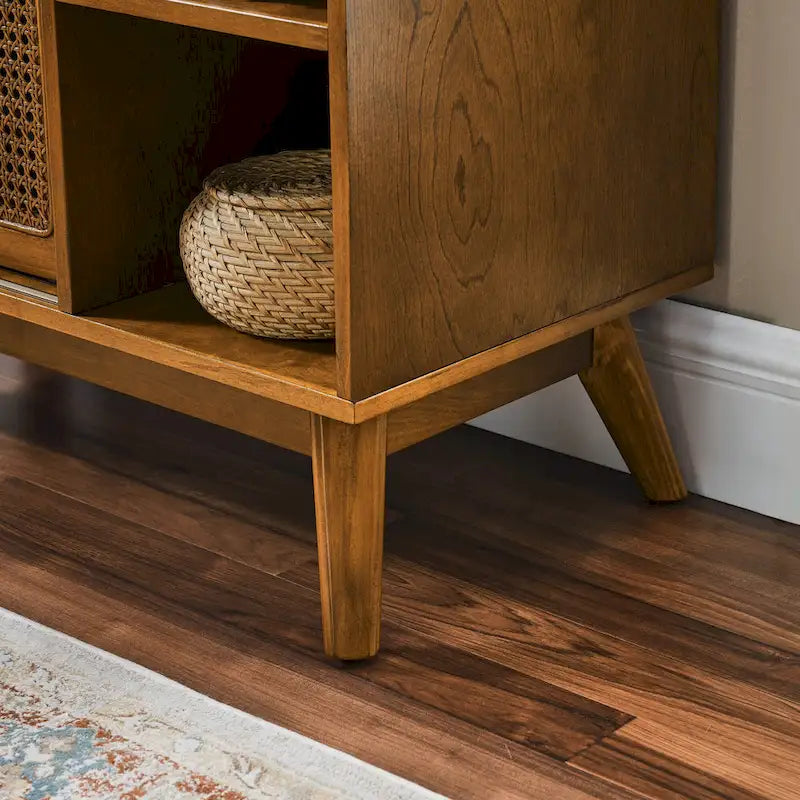 Mid Century Modern Rattan Sideboard Cabinet, Buffet Cabinet Adjustable Shelf & Solid Wood Feet - Light Wood