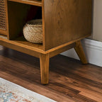 Mid Century Modern Rattan Sideboard Cabinet, Buffet Cabinet Adjustable Shelf & Solid Wood Feet - Light Wood