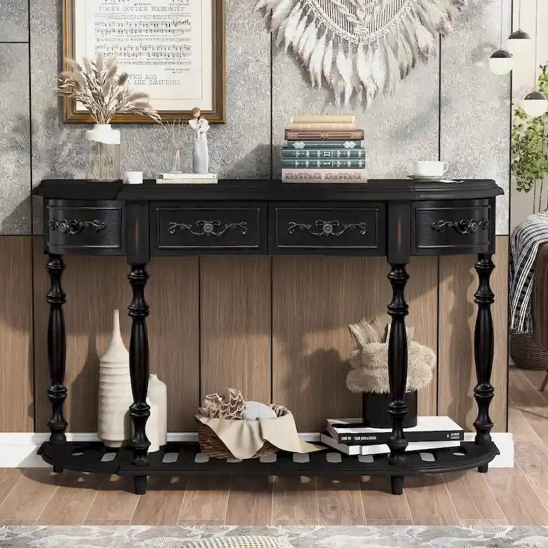 52'Curved Console Table Sofa Table Entryway Table for Hallway Living Room with 4 Drawers and 1 Shelf