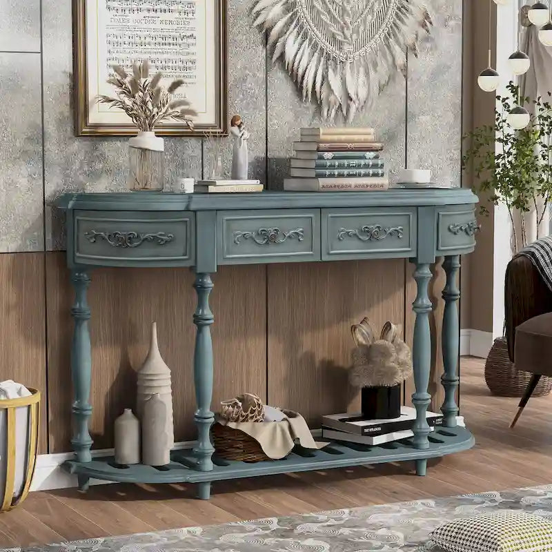 52'Curved Console Table Sofa Table Entryway Table for Hallway Living Room with 4 Drawers and 1 Shelf