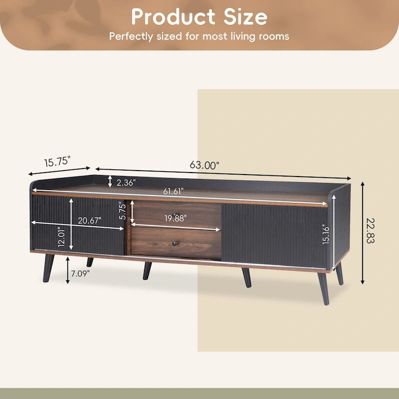 63 Mid Century TV Stand with 2 Cabinets& Open Compartments, Entertainment Center for TVs up to 70, Television Console