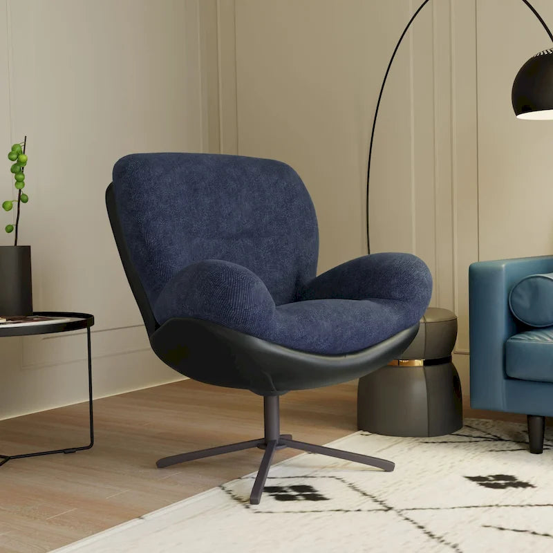 360 Swivel Accent Chair, Modern Chenille Lounge Chair with Faux Leather and Black Metal Base Frame, Comfortable Reading Chair