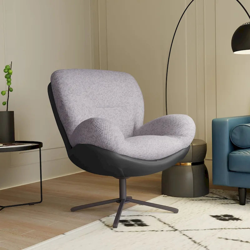 360 Swivel Accent Chair, Modern Chenille Lounge Chair with Faux Leather and Black Metal Base Frame, Comfortable Reading Chair