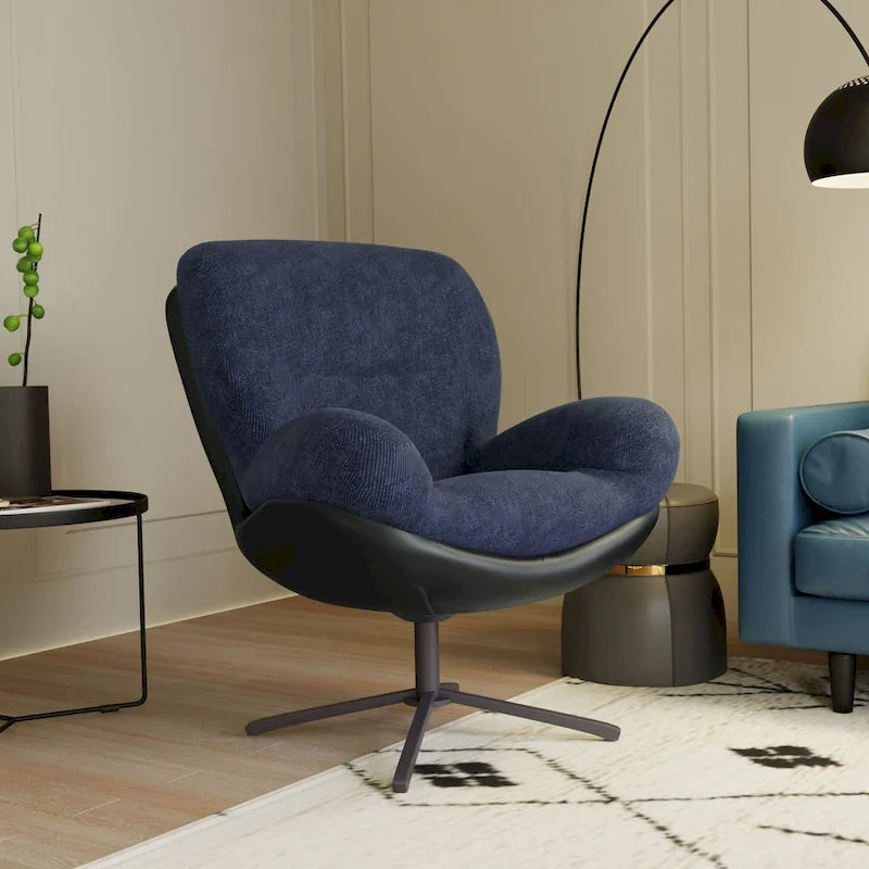 360 Swivel Accent Chair, Modern Chenille Lounge Chair with Faux Leather and Black Metal Base Frame, Comfortable Reading Chair