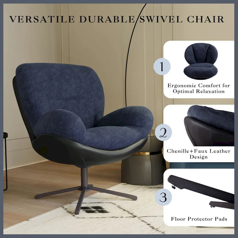 360 Swivel Accent Chair, Modern Chenille Lounge Chair with Faux Leather and Black Metal Base Frame, Comfortable Reading Chair