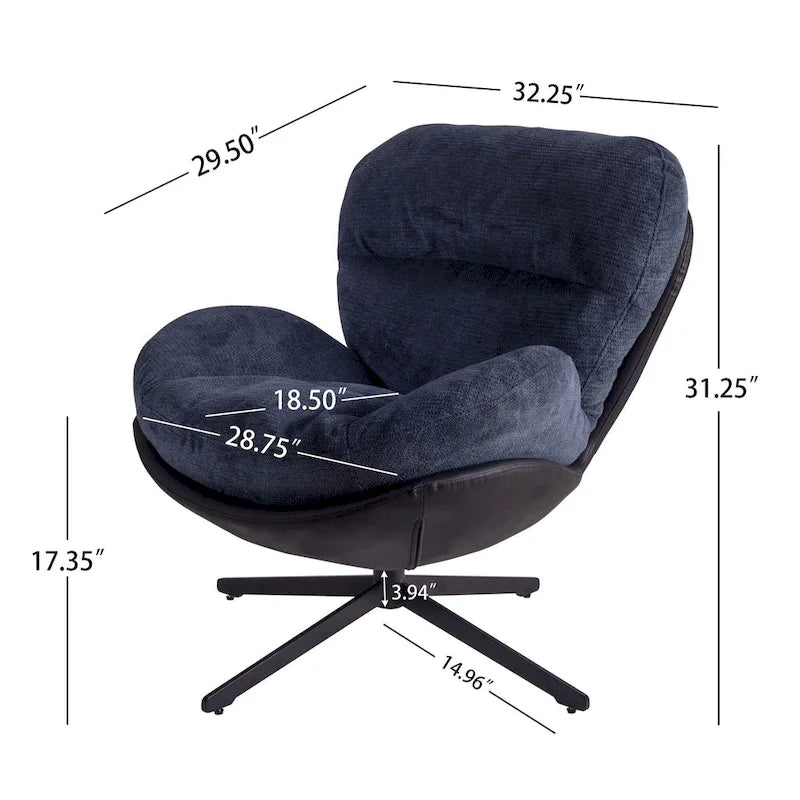 360 Swivel Accent Chair, Modern Chenille Lounge Chair with Faux Leather and Black Metal Base Frame, Comfortable Reading Chair