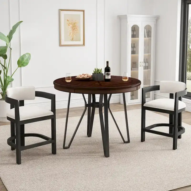 Netia 3-Piece Counter-Height Bar Set with Boucle Upholstered Chairs and Metal Table Base by