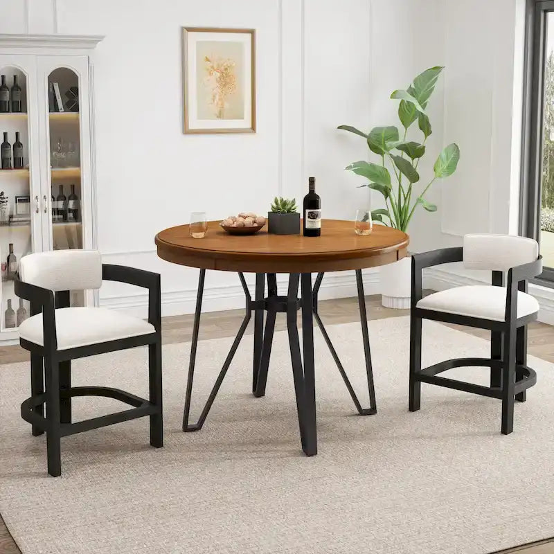 Netia 3-Piece Counter-Height Bar Set with Boucle Upholstered Chairs and Metal Table Base by