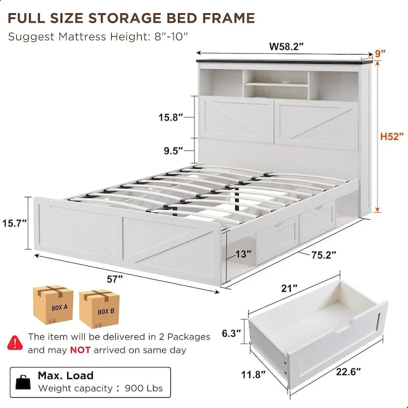 Farmhouse Full Size Wood Bed Frame with Storage Headboard and Drawers
