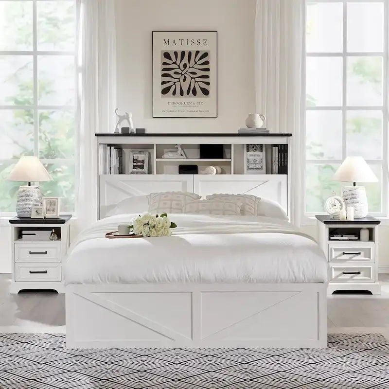 Farmhouse Full Size Wood Bed Frame with Storage Headboard and Drawers