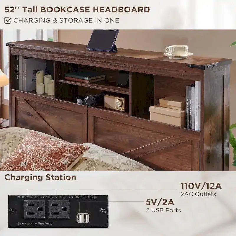 Farmhouse Full Size Wood Bed Frame with Storage Headboard and Drawers