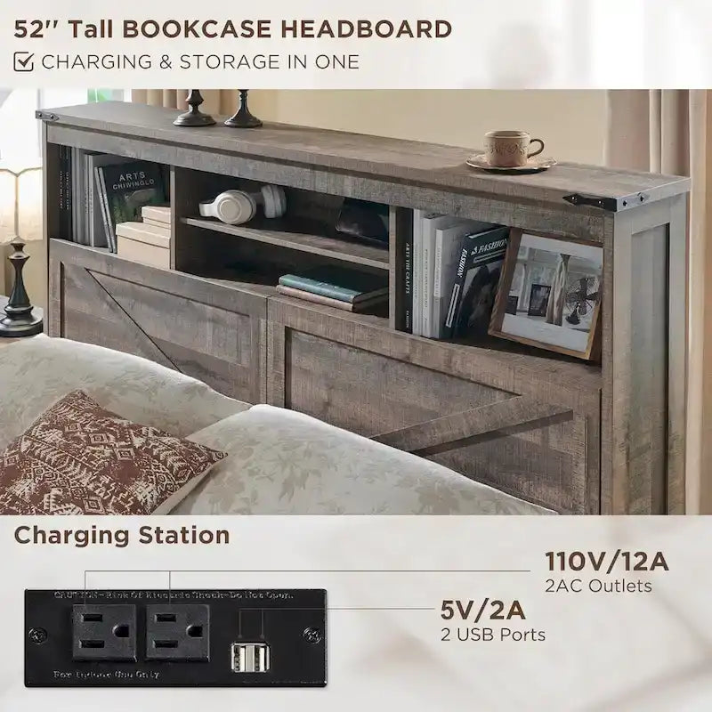 Farmhouse Full Size Wood Bed Frame with Storage Headboard and Drawers
