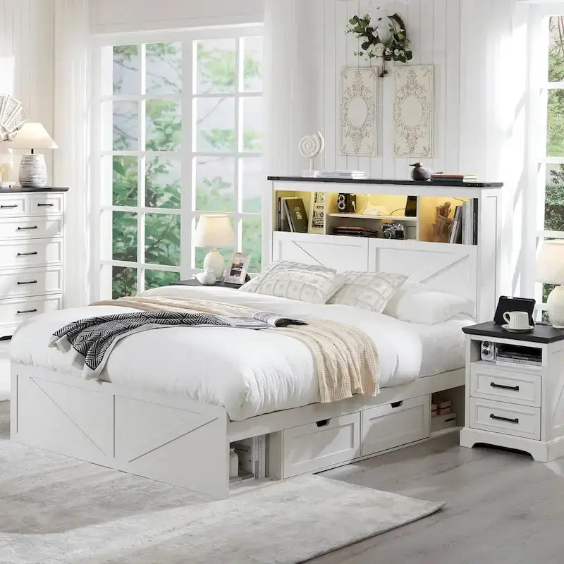 Farmhouse Full Size Wood Bed Frame with Storage Headboard and Drawers