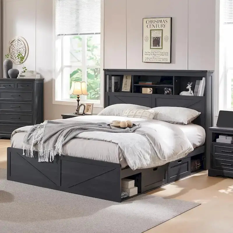 Farmhouse Full Size Wood Bed Frame with Storage Headboard and Drawers