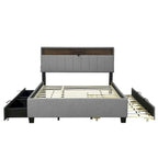 Queen Size Upholstered Platform Bed w/ Storage Headboard, Twin XL Size Trundle & 2 Drawers & USB Ports, Linen Fabric, Gray
