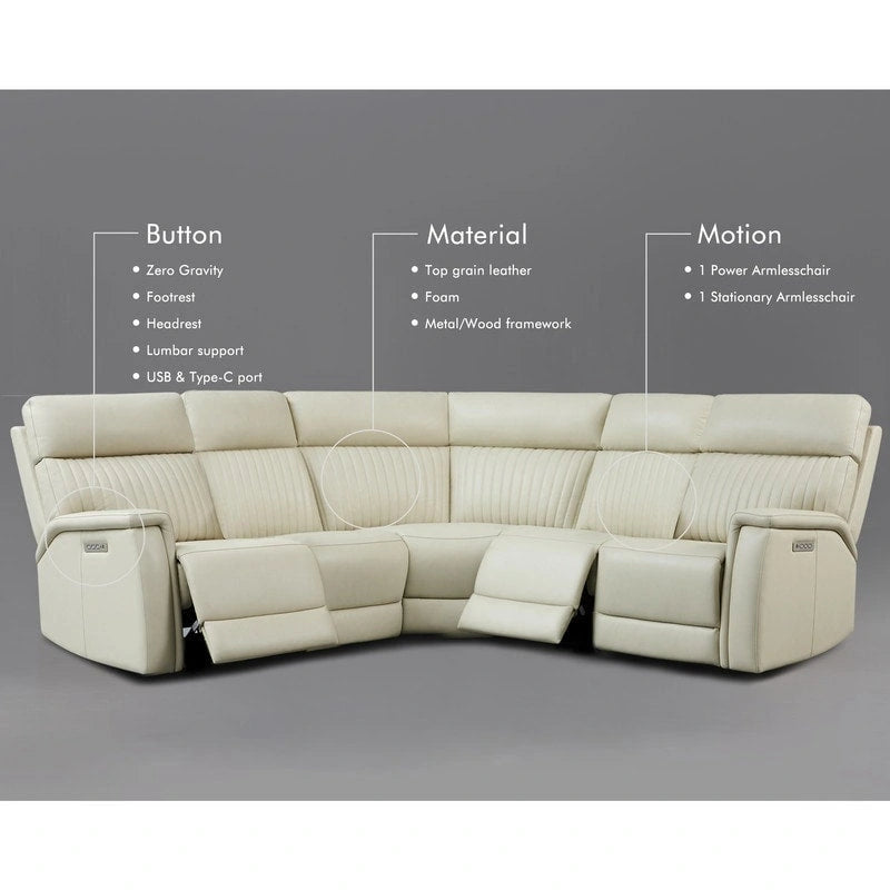 105 W Genuine Leather Power Reclining sectional sofa with USB&USB-C Port,power armlesschair