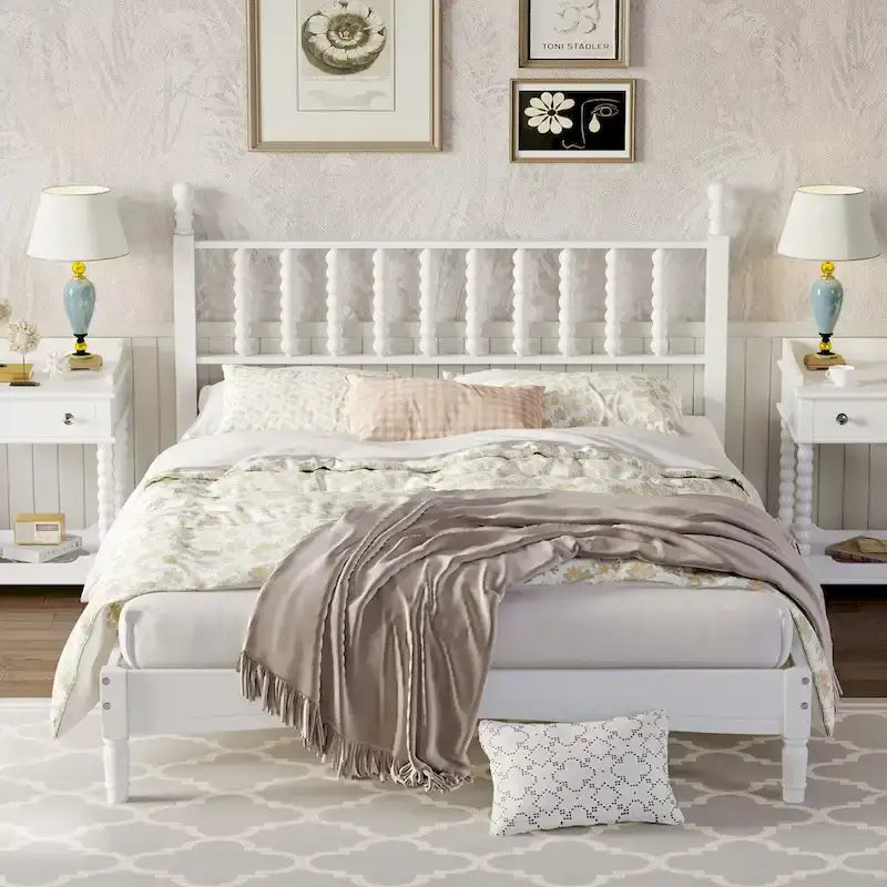 Retro Style Wood Platform Bed with Gourd Shaped Headboard,Queen Size