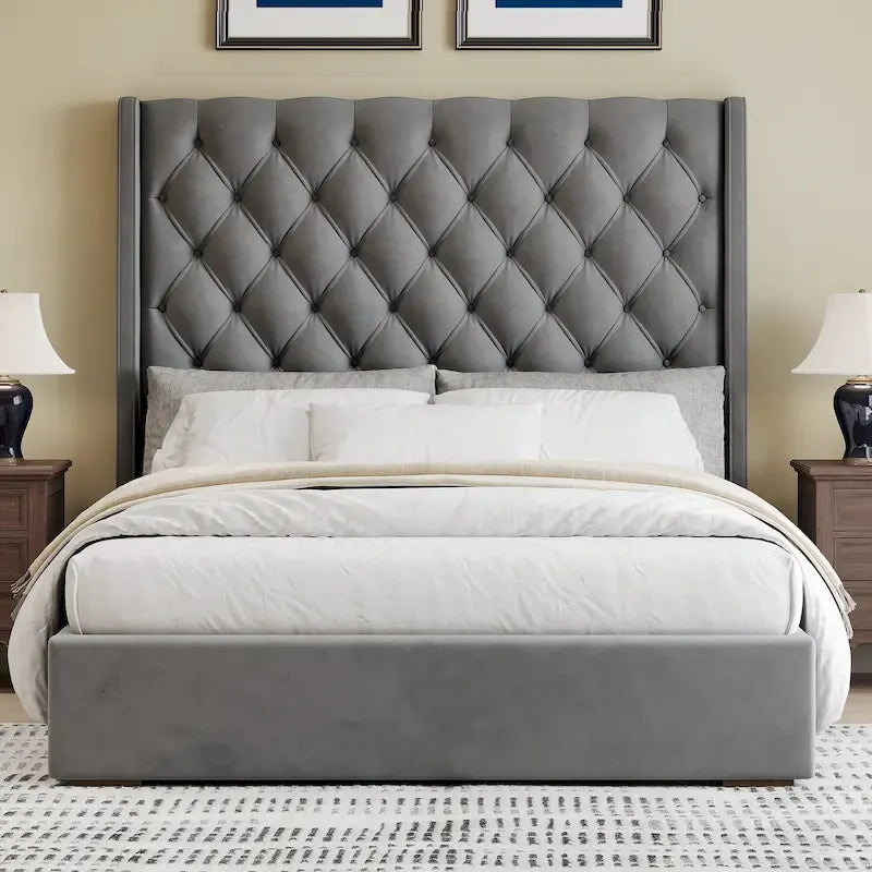 67.5 Tall Headboard Upholstered King Size Bed with Handmade Deep Button Tufted, Box Spring Needed, Velvet