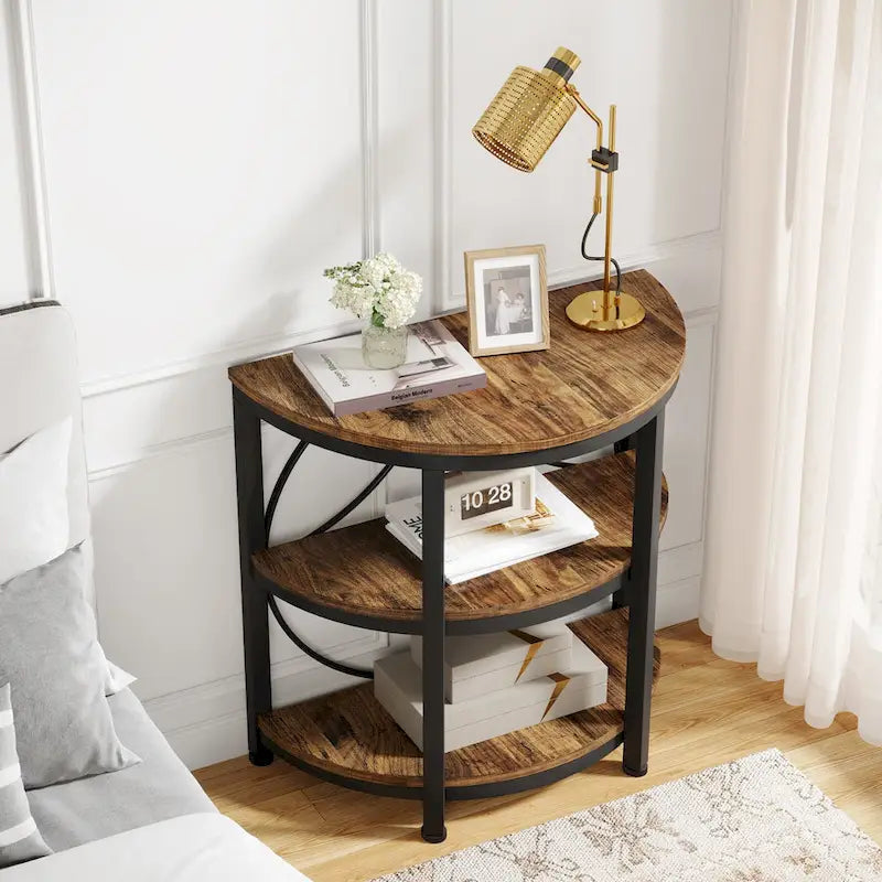 3-Tier Half Round End Table with Storage Shelves & Metal Frame