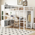 Off White Full Size Metal Loft Bed with Wardrobe, L-shaped Desk, and Storage Cubes