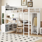 Off White Full Size Metal Loft Bed with Wardrobe, L-shaped Desk, and Storage Cubes
