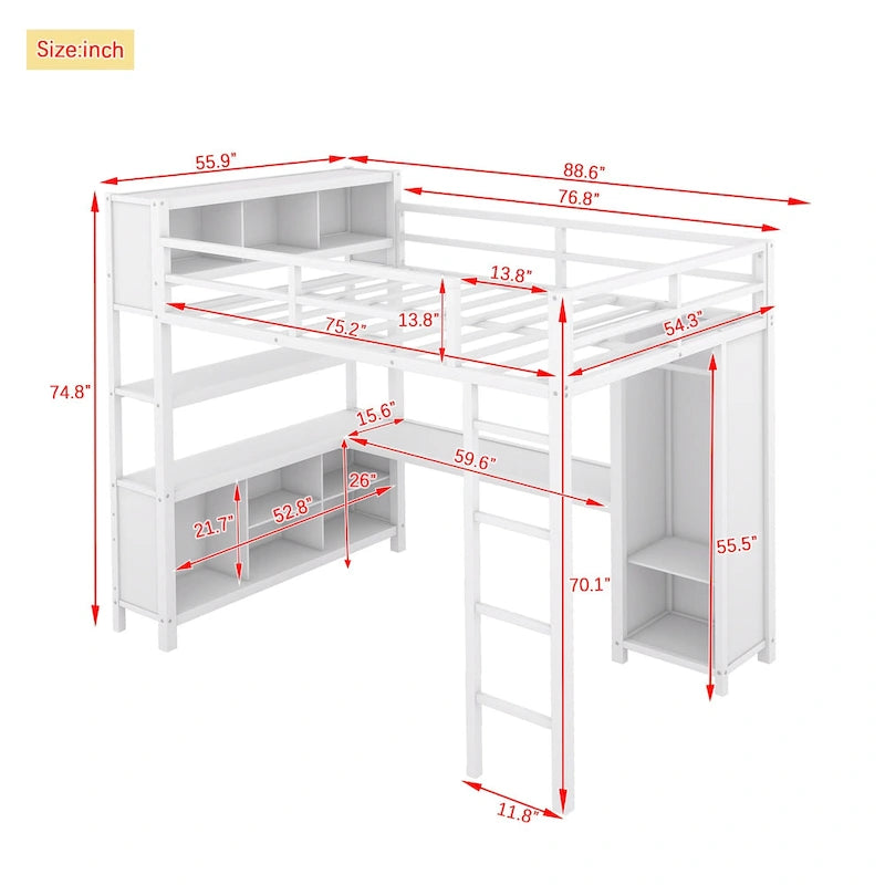 Off White Full Size Metal Loft Bed with Wardrobe, L-shaped Desk, and Storage Cubes