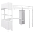 Off White Full Size Metal Loft Bed with Wardrobe, L-shaped Desk, and Storage Cubes