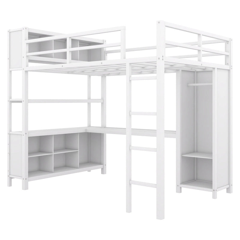 Off White Full Size Metal Loft Bed with Wardrobe, L-shaped Desk, and Storage Cubes