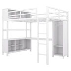 Off White Full Size Metal Loft Bed with Wardrobe, L-shaped Desk, and Storage Cubes