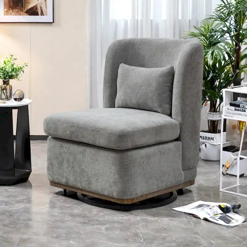 Chenille 360 Swivel Armless Chair with Metal Base, High-Density Foam Cushion, and Included Pillow