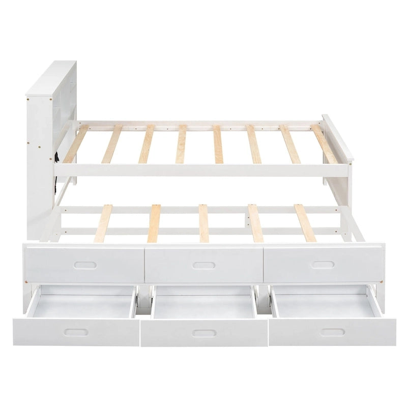 Pine Wood Platform Bed Frame with 3 Drawers & Trundle