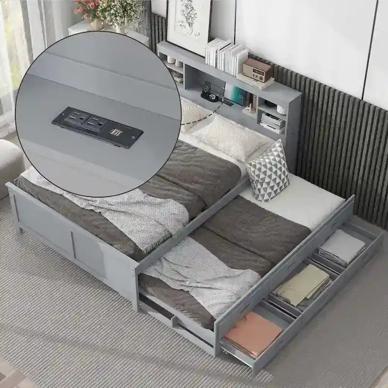 Pine Wood Platform Bed Frame with 3 Drawers & Trundle