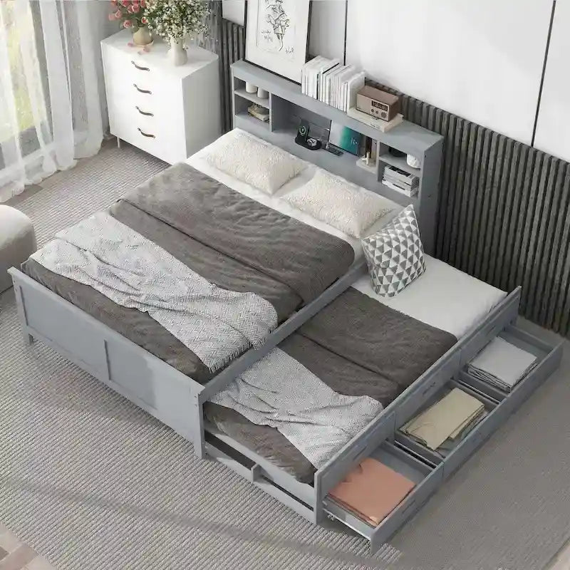 Pine Wood Platform Bed Frame with 3 Drawers & Trundle