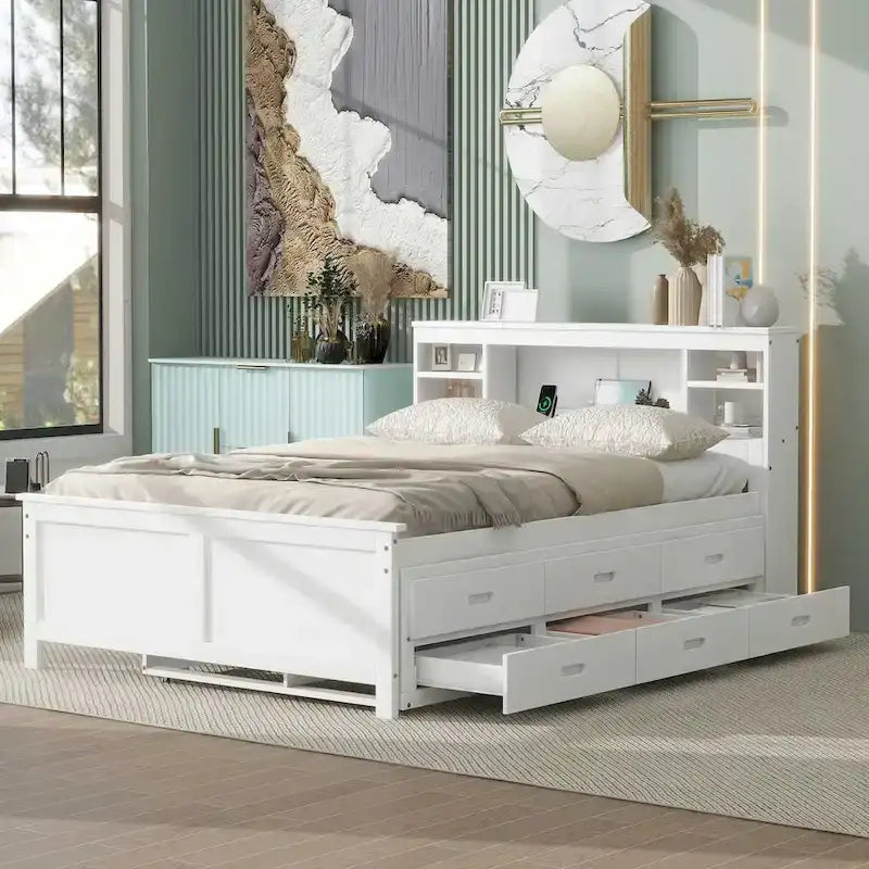 Pine Wood Platform Bed Frame with 3 Drawers & Trundle