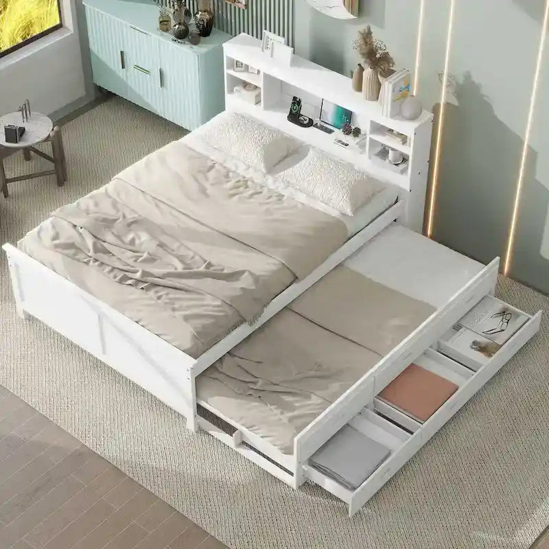 Pine Wood Platform Bed Frame with 3 Drawers & Trundle