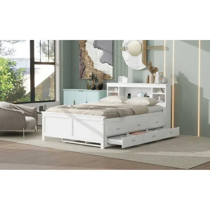 Pine Wood Platform Bed Frame with 3 Drawers & Trundle