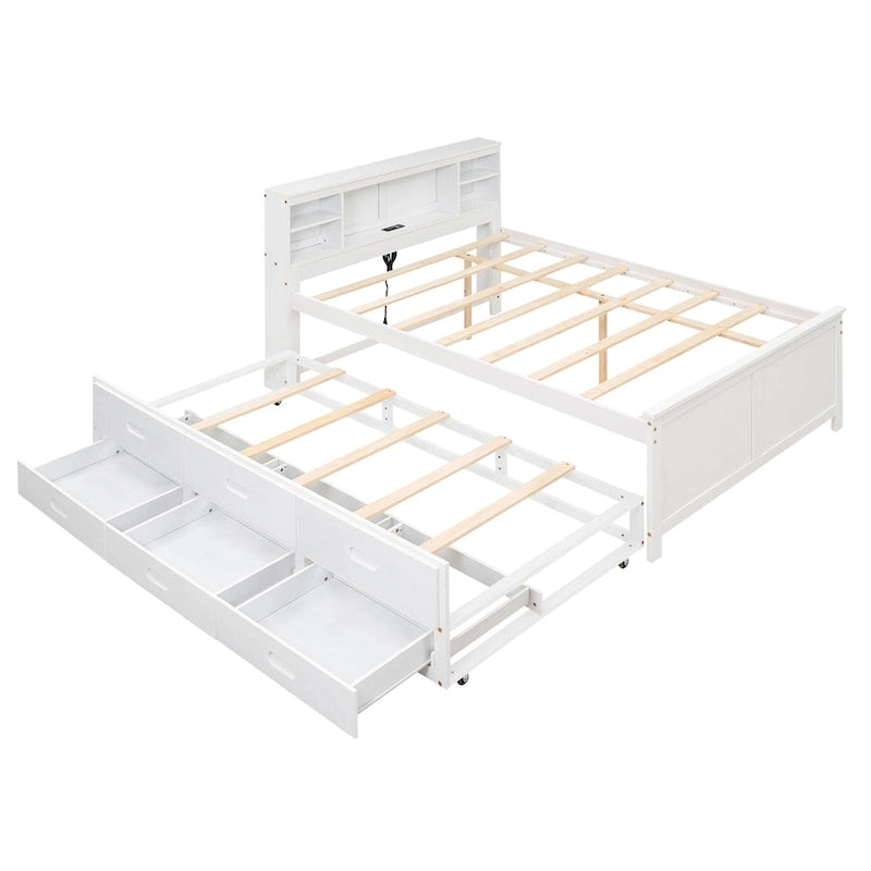 Pine Wood Platform Bed Frame with 3 Drawers & Trundle