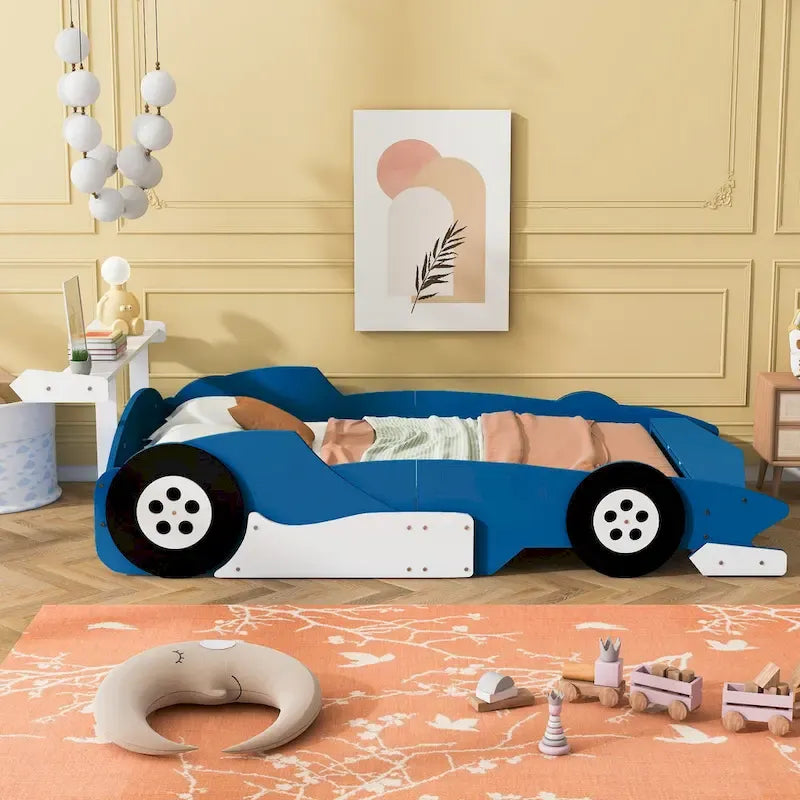 Full Size Wooden Race Car-Shaped Bed Frame with Guardrail