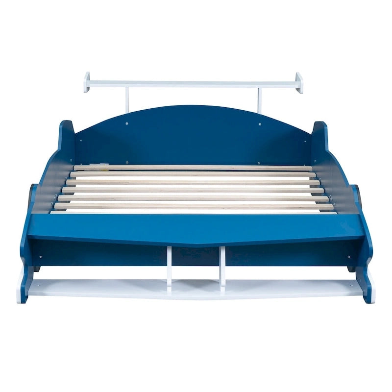Full Size Wooden Race Car-Shaped Bed Frame with Guardrail