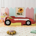 Full Size Wooden Race Car-Shaped Bed Frame with Guardrail