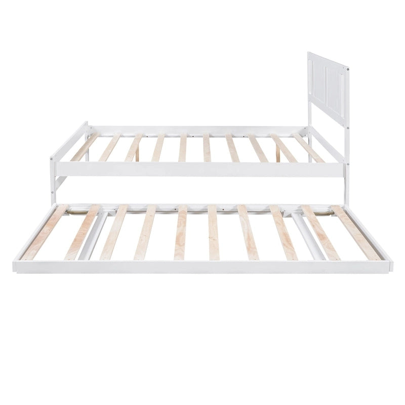 White Full Pine Platform Bed with Adjustable Trundle