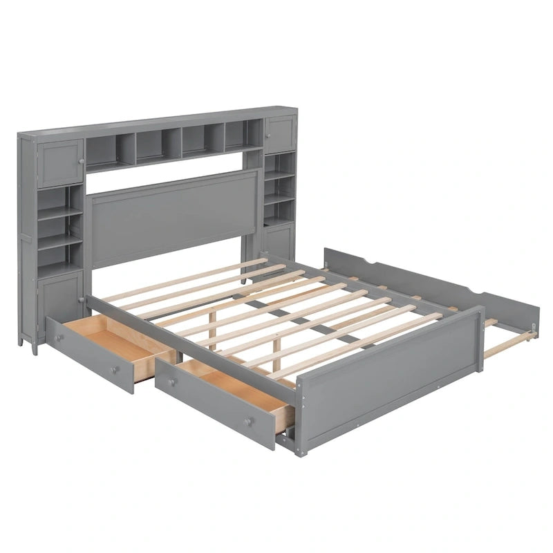 Gray Queen Size Wooden Platform Bed with Cabinet, Shelf, and Sockets