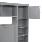 Gray Queen Size Wooden Platform Bed with Cabinet, Shelf, and Sockets