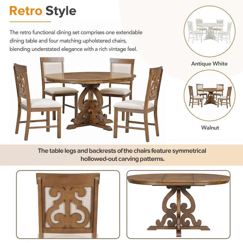 5-Piece Wooden Dining Table Set with Extendable Table & 4 Chairs