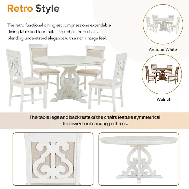 5-Piece Wooden Dining Table Set with Extendable Table & 4 Chairs