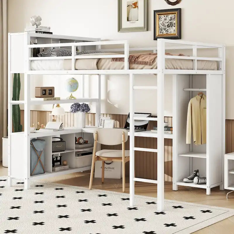 Full Metal Loft Bed with Wardrobe & Desk