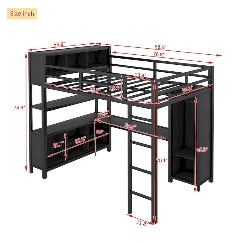 Full Metal Loft Bed with Wardrobe & Desk