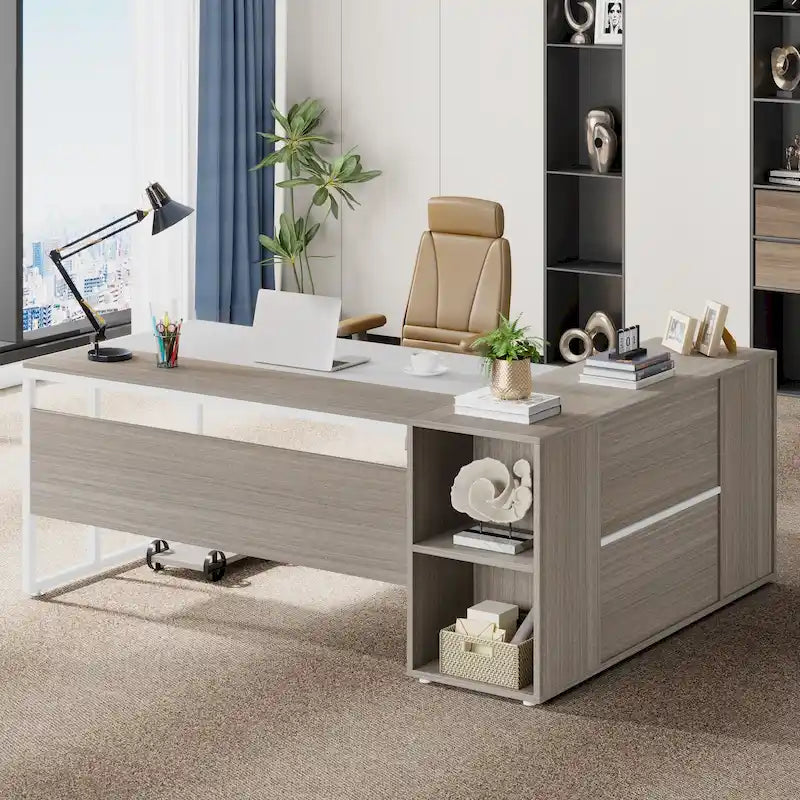 71 inch Executive Desk, L Shaped Desk with Cabinet and Shelves for Home Office