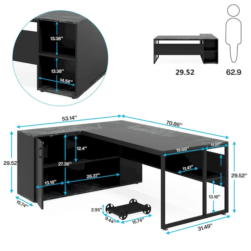 71 inch Executive Desk, L Shaped Desk with Cabinet and Shelves for Home Office