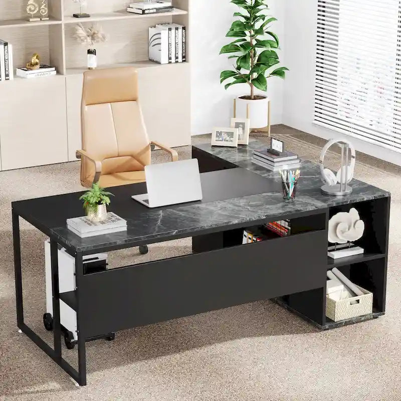 71 inch Executive Desk, L Shaped Desk with Cabinet and Shelves for Home Office
